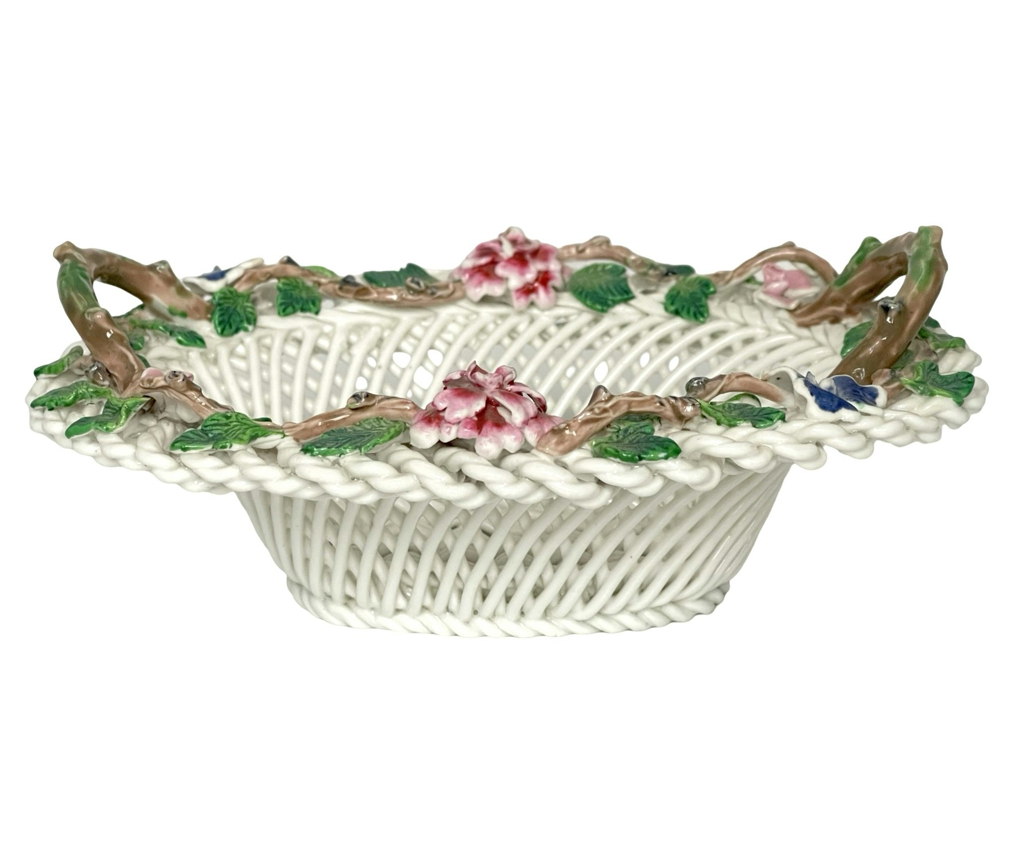 Äldre Dekorativ korg blomkorg i porslin av Crown Staffordshire, England