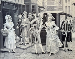 Antik Neyret Freres Silk vävt Damask Gobeläng, Paris Gata Scen 1800-talet