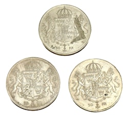 3 st, 50 Kr Bröllop Silver mynt 1976