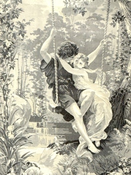 Antik Neyret Freres Silk vävt Damask Gobeläng, Romantik silke bild, Älskare på gungan, 1800-talet
