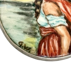 Silver Brosch, miniatyrmålning på porslin, signerad G.W.