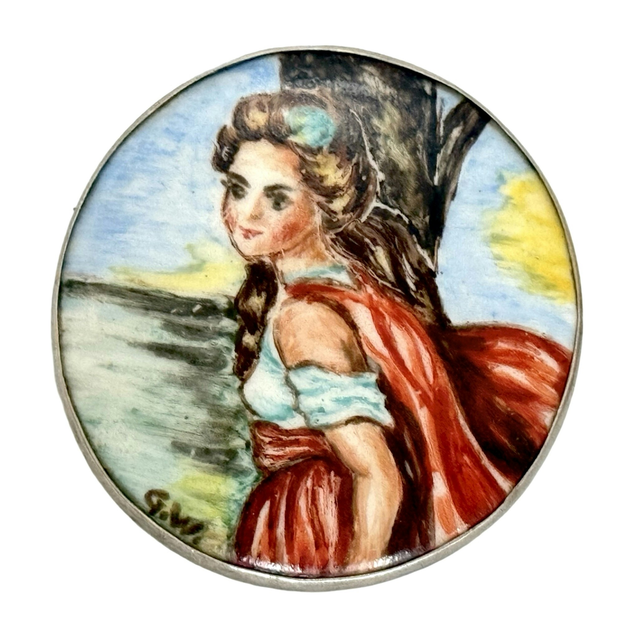 Silver Brosch, miniatyrmålning på porslin, signerad G.W.