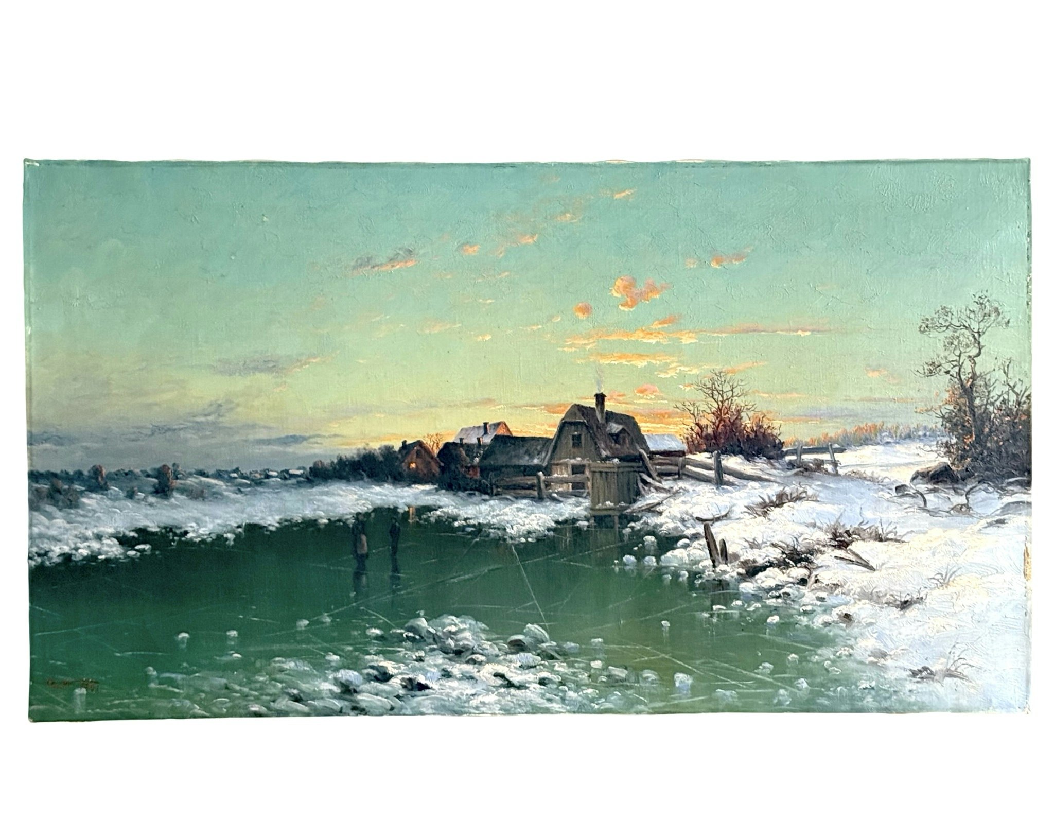 Leonard Wiedh, Olja på duk, Vinterlandskap med hus. Signerad, daterad 1901
