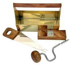 Miniatur-Werkzeugkasten mit Flaschenöffner, Korkenzieher, Handsäge, Teakholz, Japan