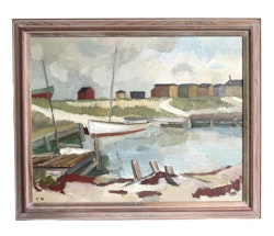 Tage Nilsson (1918–2016). Olja på pannå, ”Fiskhamn Sibbarp" signerad