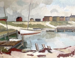 Tage Nilsson (1918–2016). Olja på pannå, ”Fiskhamn Sibbarp" signerad