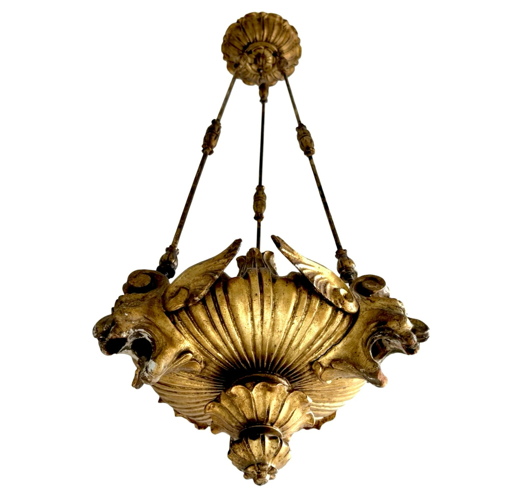 Antik förgyllt trä med prydd detaljer taklampa, för en levande ljus, Rokoko 1700-talet