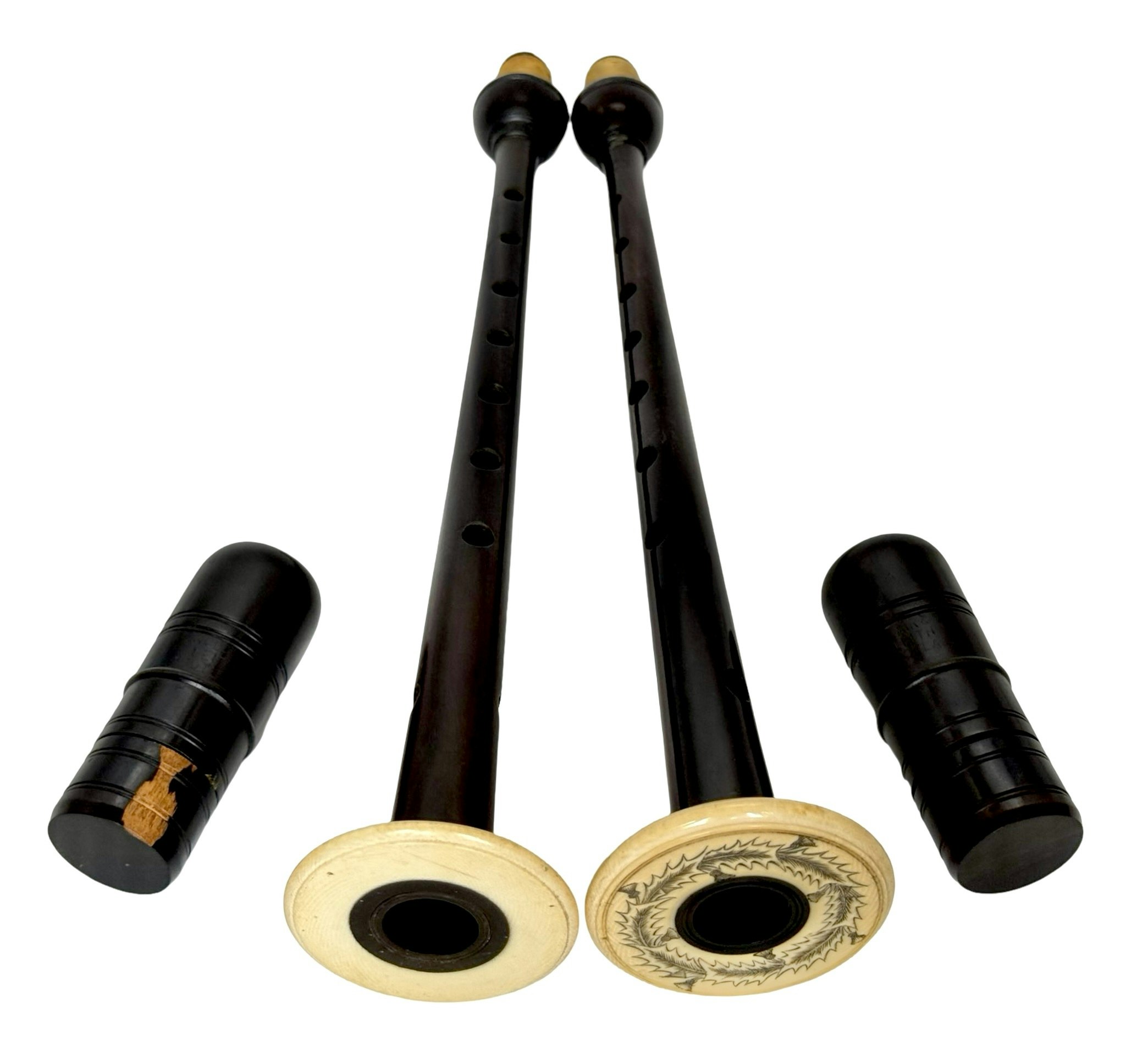 Antik högkvalitativ Skotska säckpipa elfenben med lång svart trä chanter, 1800-talet