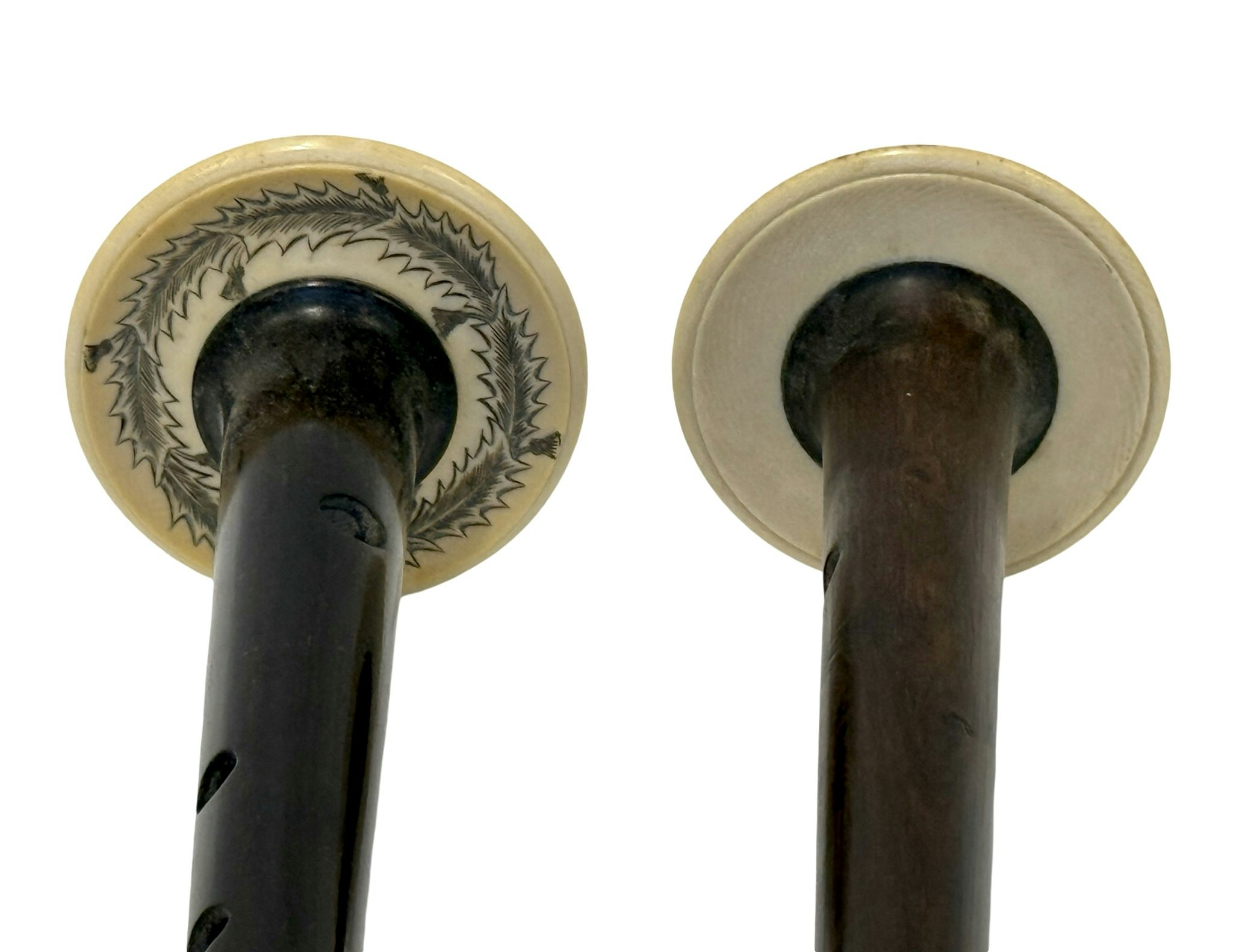 Antik högkvalitativ Skotska säckpipa elfenben med lång svart trä chanter, 1800-talet