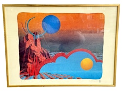 Cosmos. Surrealistisk inramat tryck färglitografi, signerad