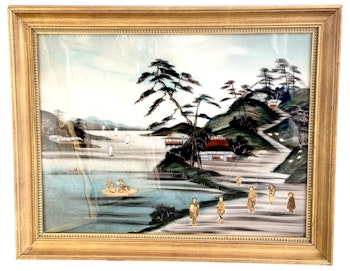 Vitrail japonais, Paysage avec personnages, décoré de nacre