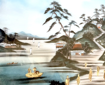 Vitrail japonais, Paysage avec personnages, décoré de nacre