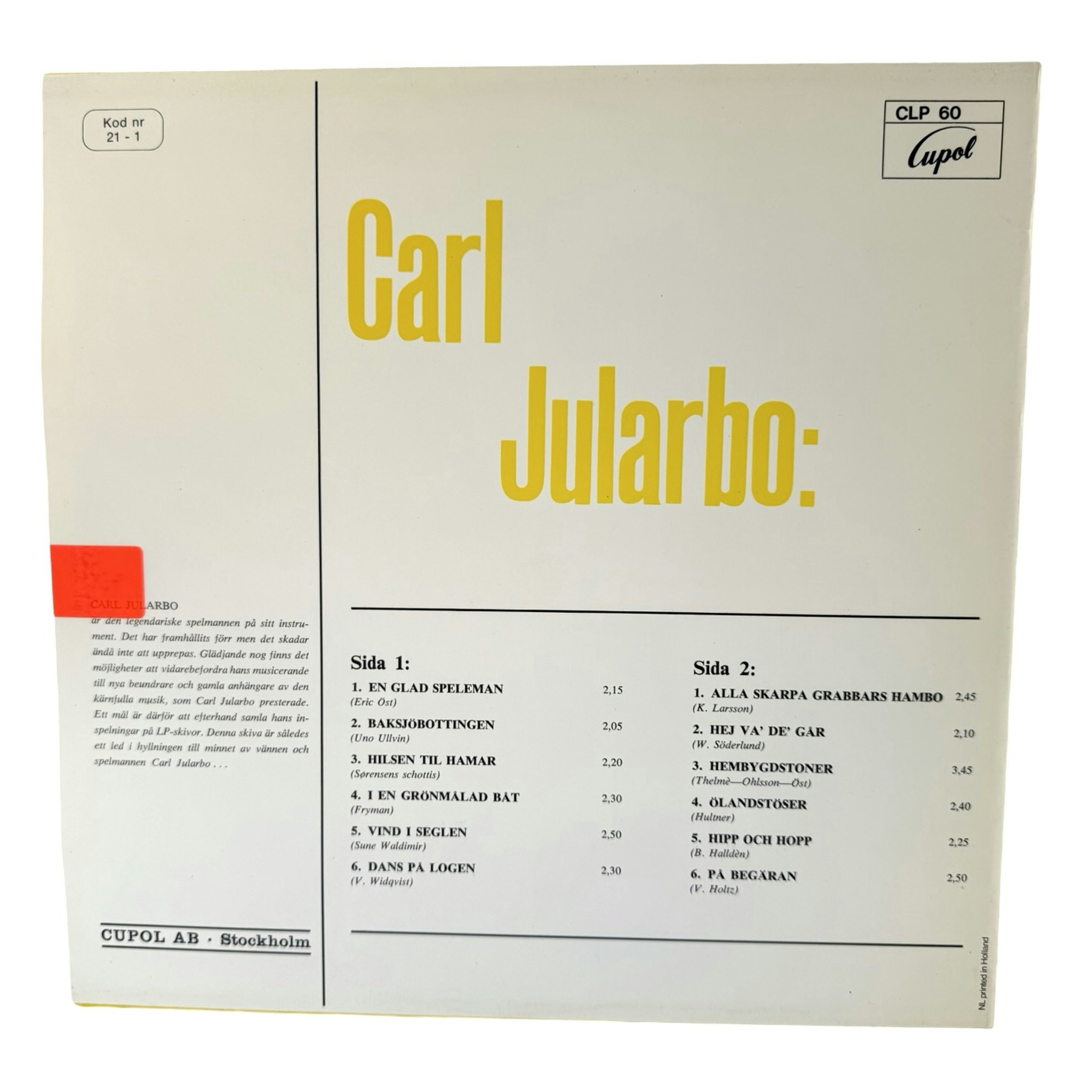 Carl Jularbo - En glad speleman, LP Vinyl, Oanvänt