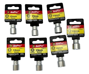 12 st, Hylsor AmPro med 1/4-bitsadapter 65mm