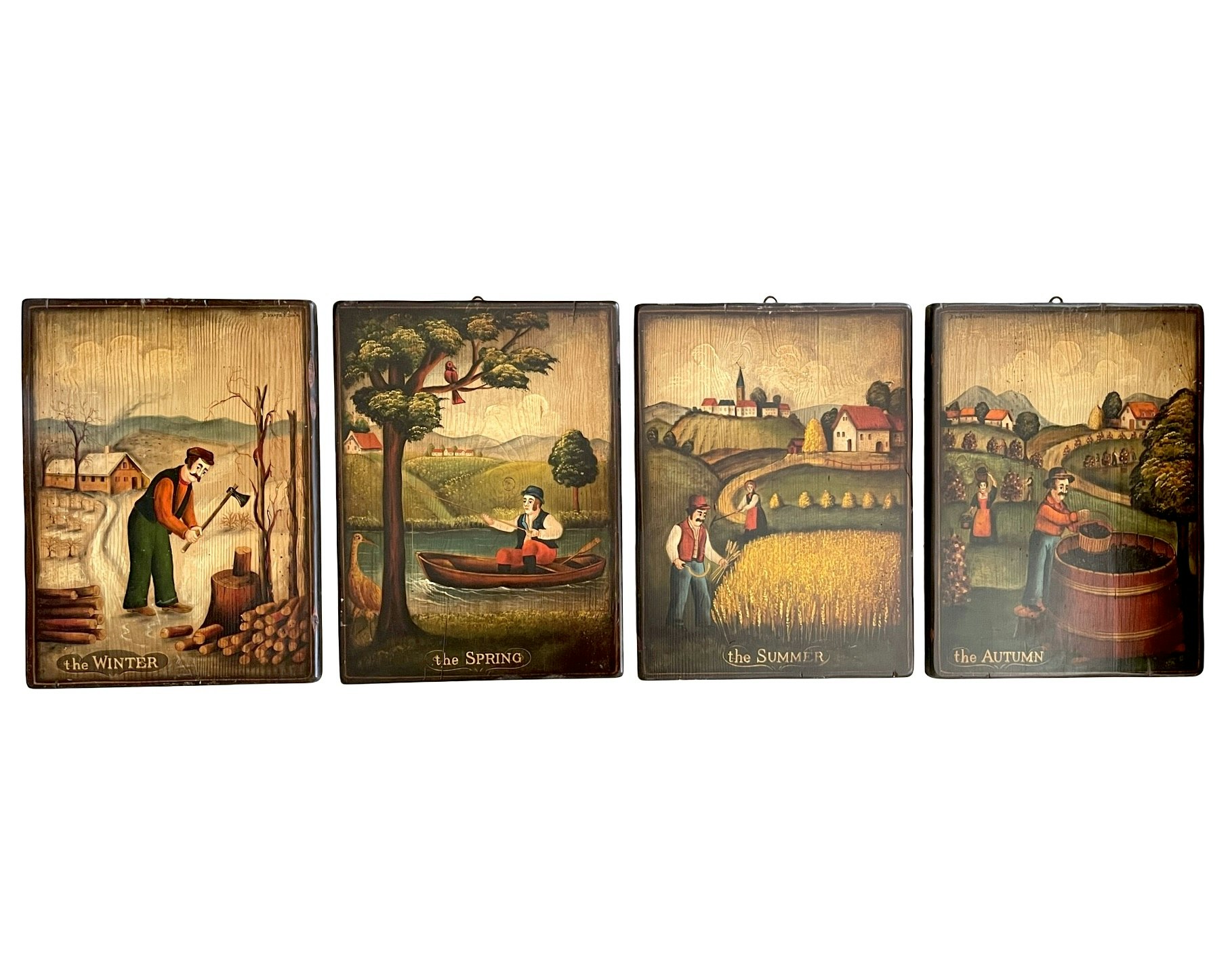 Vintage B. D'Arte F. Conz - Fyra årstiderna, Bemålade trätavlor