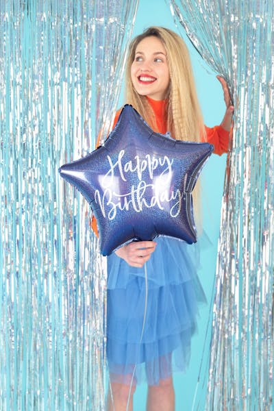 Heliumfylld folieballong - Happy Birthday stjärna blå