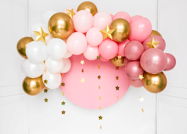 Ballongbåge m. installation - Vit, rosa och guld