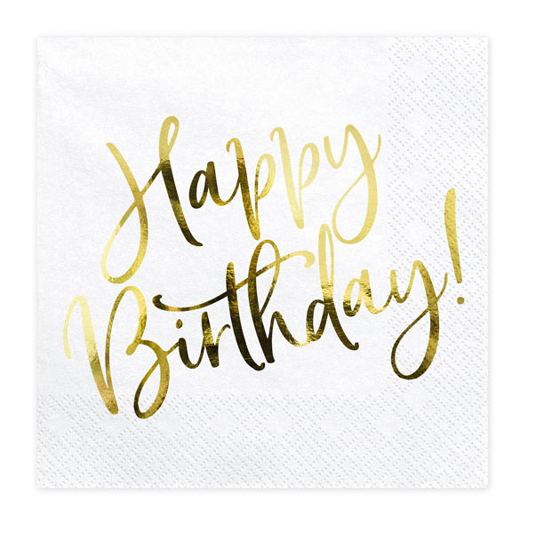 Servetter - Happy Birthday med guldtext