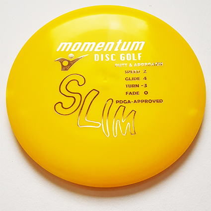 Disc golf disc slim putter and approach yellow by momentum disc golf in sweden, hand made. Thor Wallgren AB.