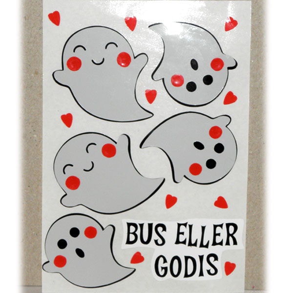 Stickers / Dekaler  - 5 st spöke, hjärtan och orden Bu, Bus eller Godis