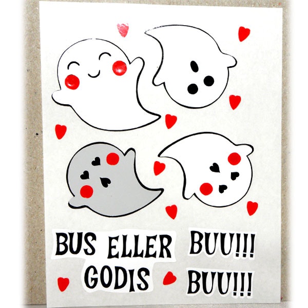 Stickers / Dekaler  - 4 st spöke, hjärtan och orden Bu, Bus eller Godis