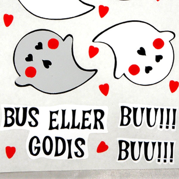 Närbild på Stickers / Dekaler  - spöke, hjärtan och orden Bu, Bus eller Godis