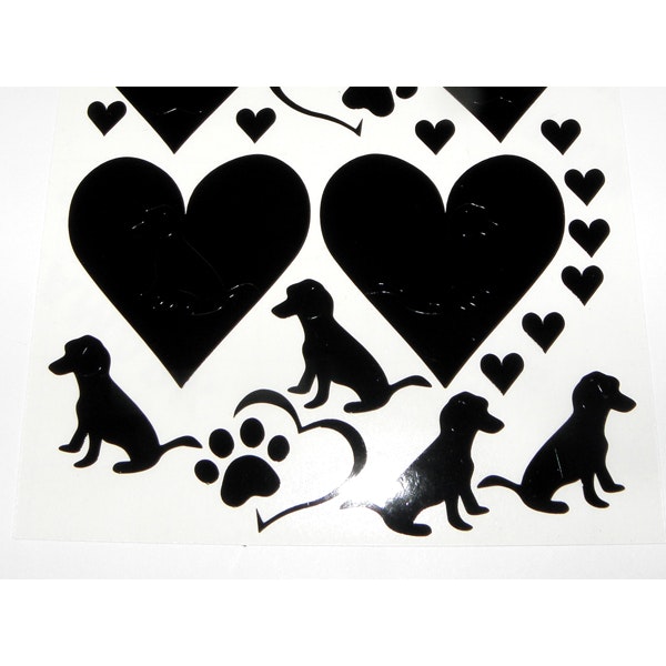 Svarta dekaler / Stickers - pudel, hjärtan och tass