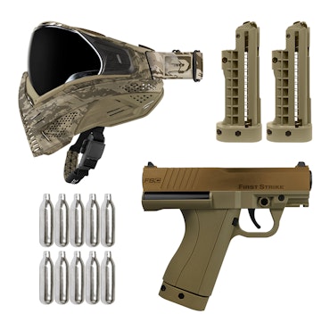 (Pakiet) Pistolet kompaktowy First Strike / FSC brązowy/brązowy + 2x FSC Mag FDE + gogle PUSH Unite Tan Camo + 10x naboje CO 8g