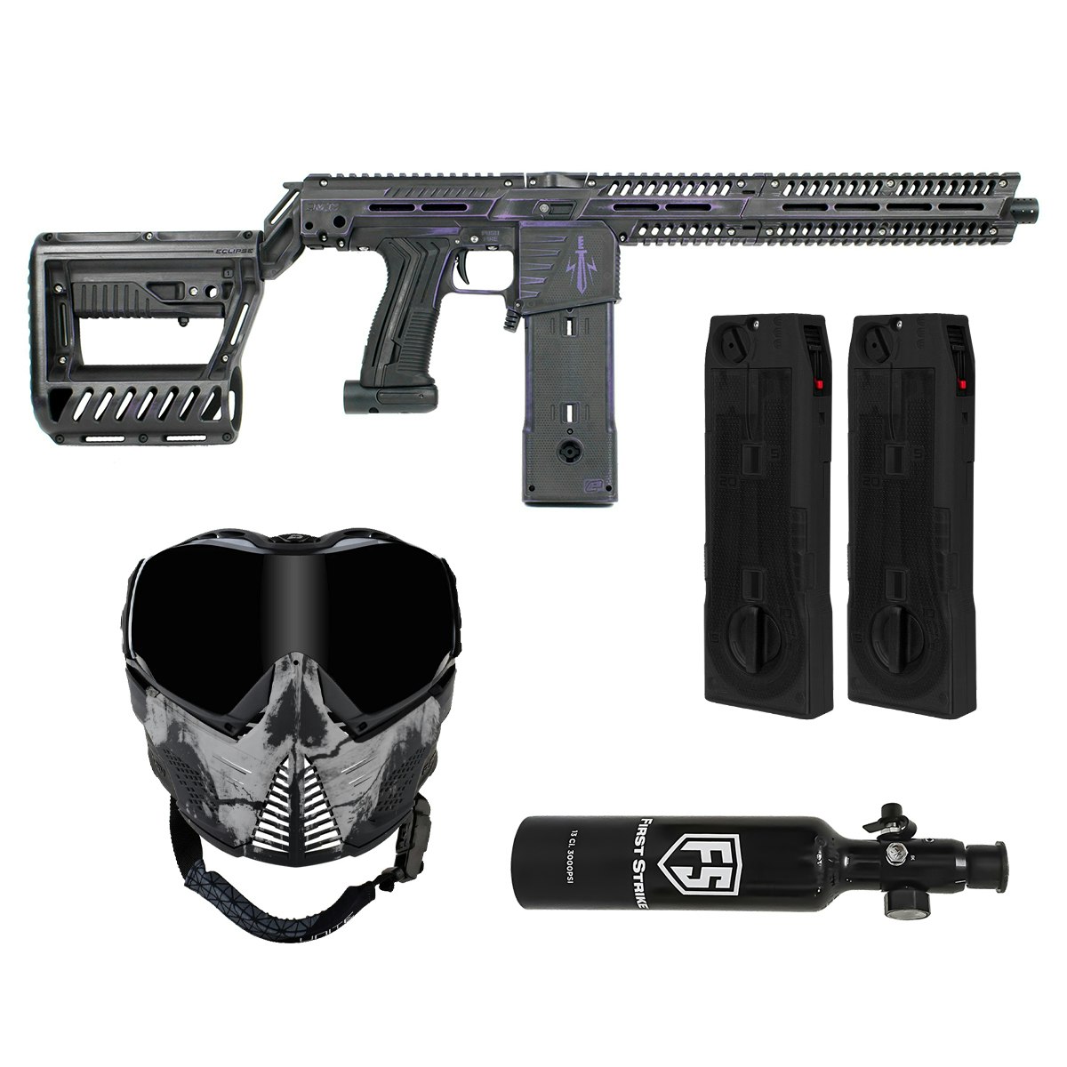 (Paket) Planet Eclipse EMF100 UltraViolent + 2x CF20 Magazine Black + PUSH Unite Infamous White Skull + 13ci Luftsystem