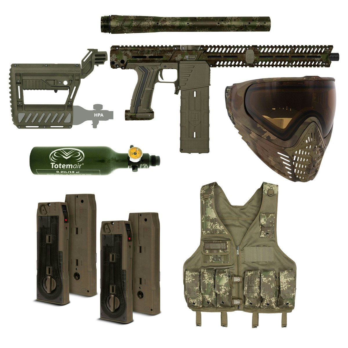 (Paket) Planet Eclipse EMF100 HDE + 4x CF20 Mag Earth + VIO Contour II Reality Brush Camo + 13ci Luftsystem + Mag Vest HDE + S63 Pro Barrel Starter Kit HDE