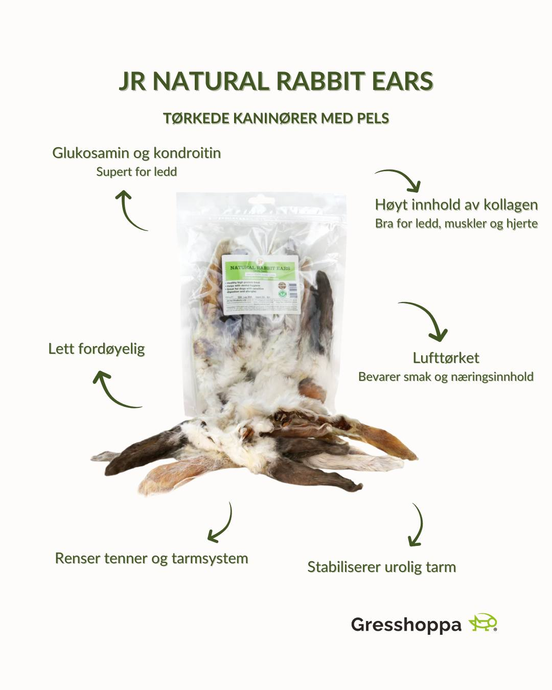 JR Rabbit Ears with hair 100g Tørkede kaninører med pels