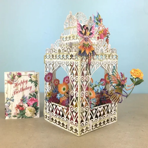 Blomsterälvor kring fågelburen (6 kort med kuvert)