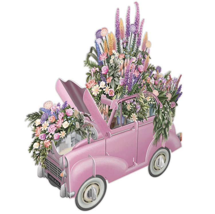 BRÖLLOP Blomstrande bil  (6 kort med kuvert)