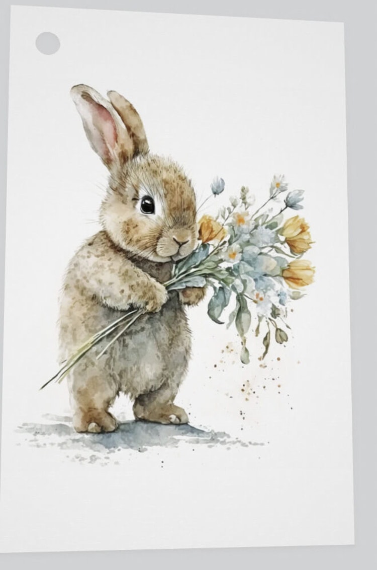 Litet kort utan kuvert - Kanin med blommor (10 stycken)