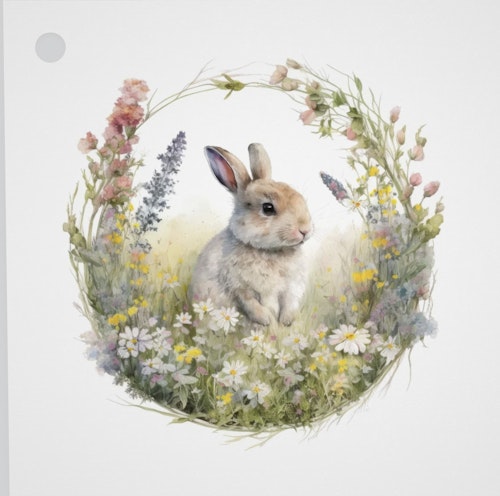Litet kort utan kuvert - Kanin på blomsteräng (10 stycken)