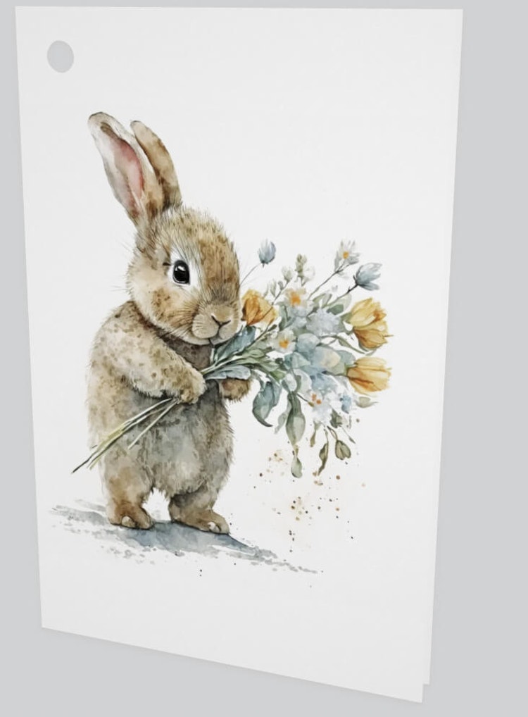 Litet kort utan kuvert - Kanin med blommor (10 stycken)