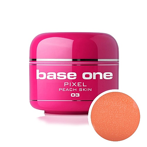 Produktbild på persikofärgad orange skimrande uv-gel, burk + färgexempel cirkel