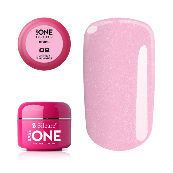 Produktbild på ljusrosa uv-gel med glitter, burk + nageltipp
