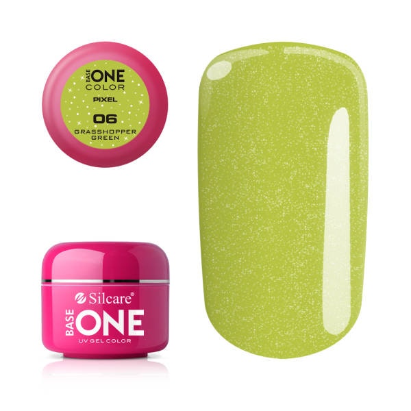 Produktbild på limegrön uv-gel med glitter, burk + nageltipp