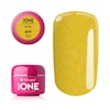 Produktbild på gul uv-gel med glitter, burk + nageltipp