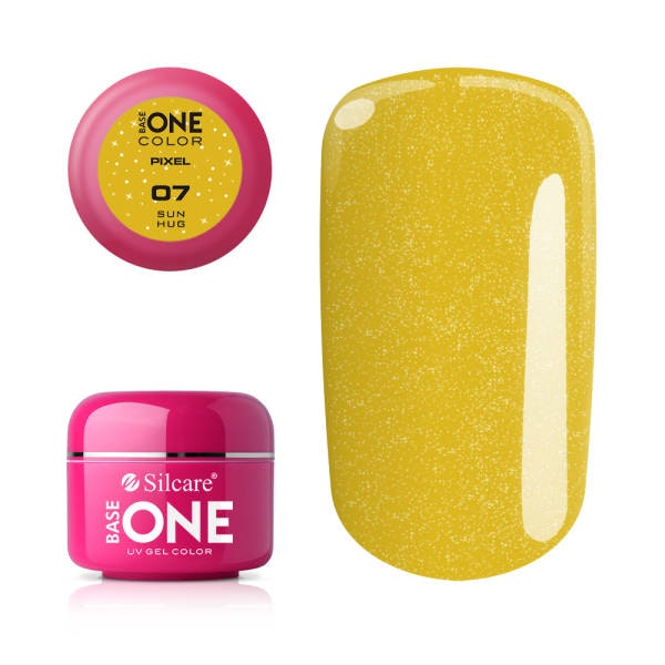 Produktbild på gul uv-gel med glitter, burk + nageltipp