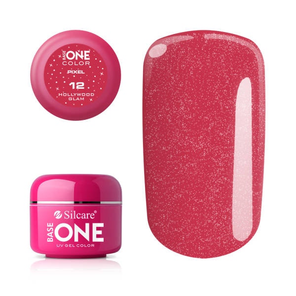 Produktbild på mörkt rosa uv-gel med glitter, burk + nageltipp
