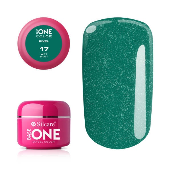 Produktbild på mörkgrön uv-gel med glitter, burk + nageltipp