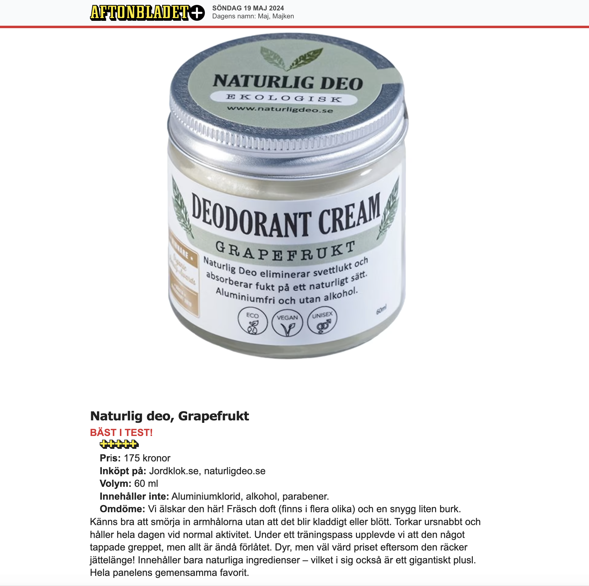 Ekologisk Deodorant Cream 15ml - Grapefrukt