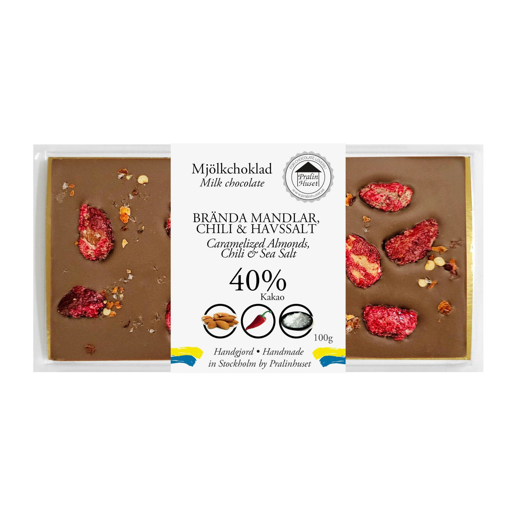 Pralinhuset - 40% Kakao - Brända Mandlar, Chili & Havssalt
