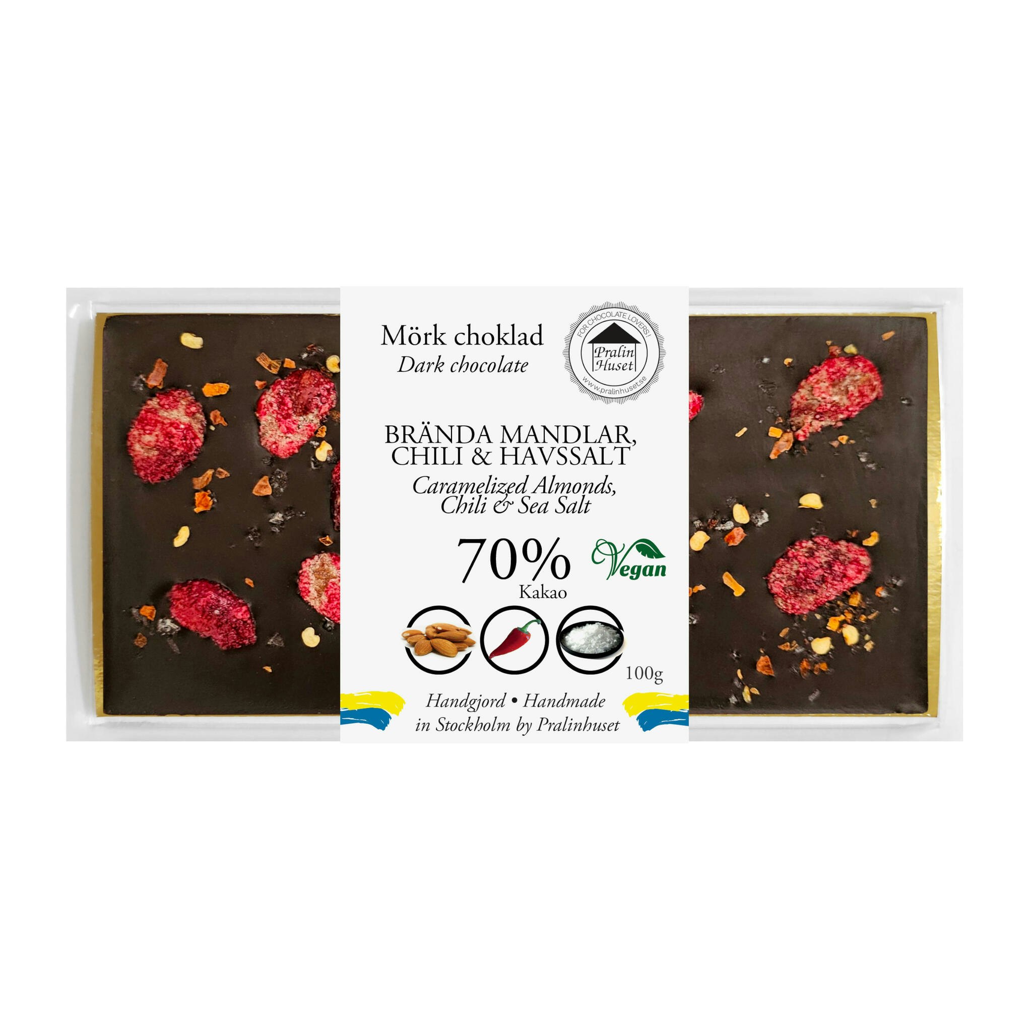 Pralinhuset - 70% Kakao - Brända Mandlar, Chili & Havssalt