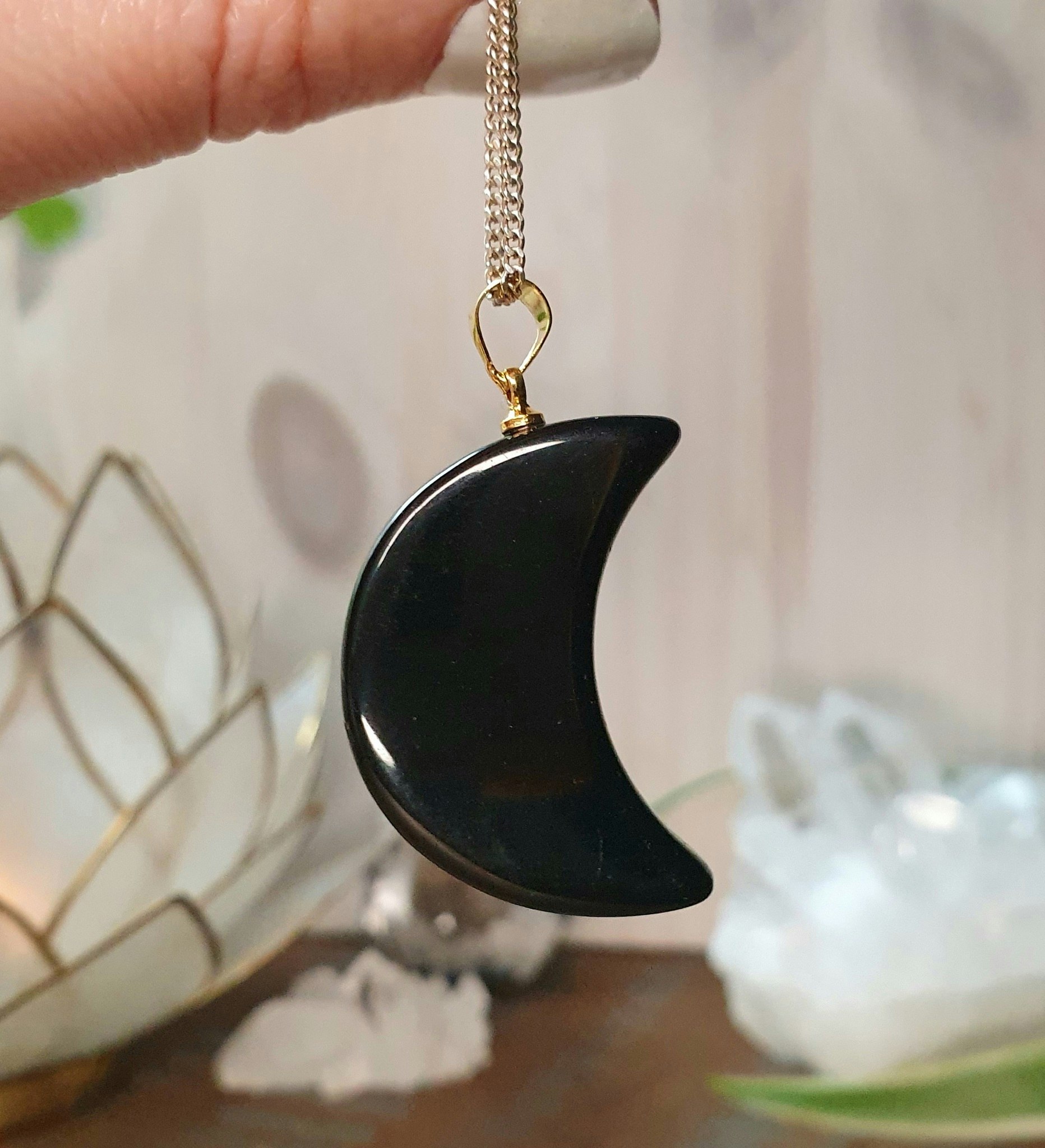 Hänge Måne Obsidian guld 3 cm