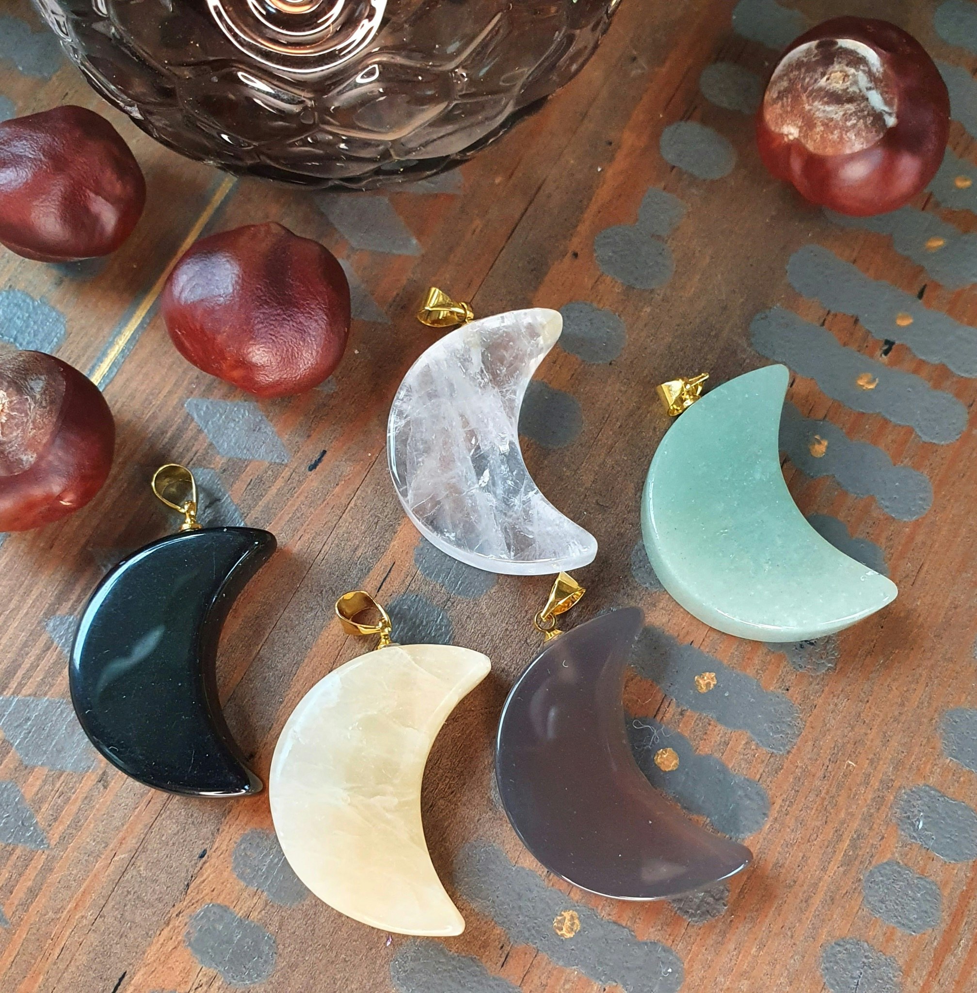 Hänge Måne Obsidian guld 3 cm