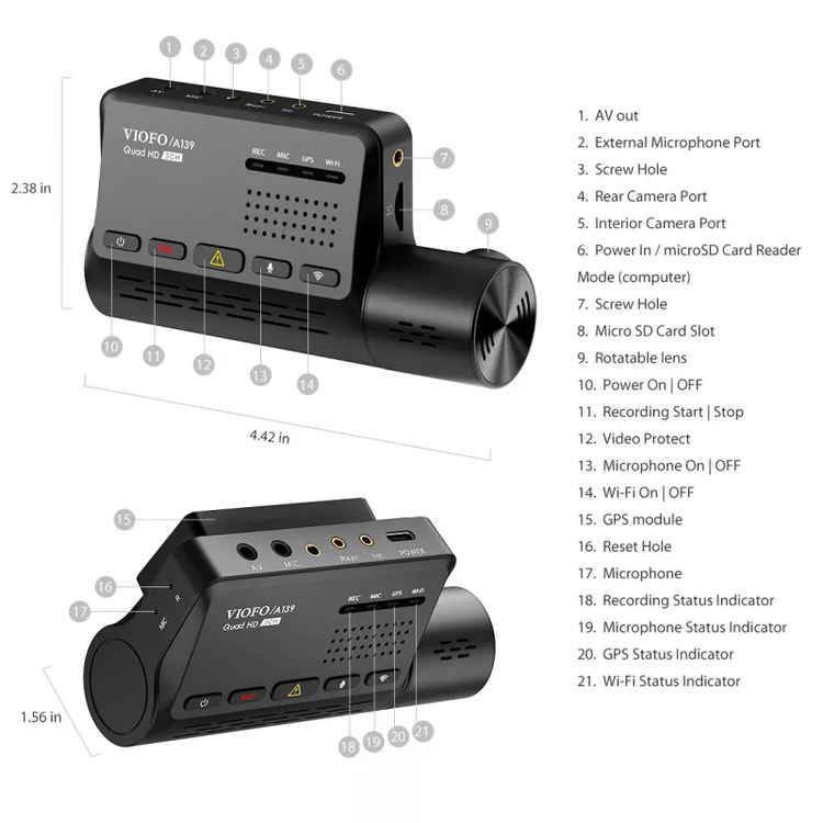 VIOFO A139 2K 3-CH WiFi Dashcam med GPS