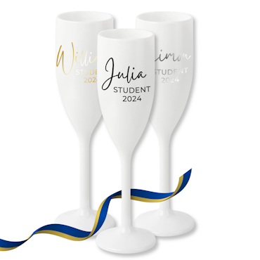 Vitt Champagneglas med tryck - Student 2024